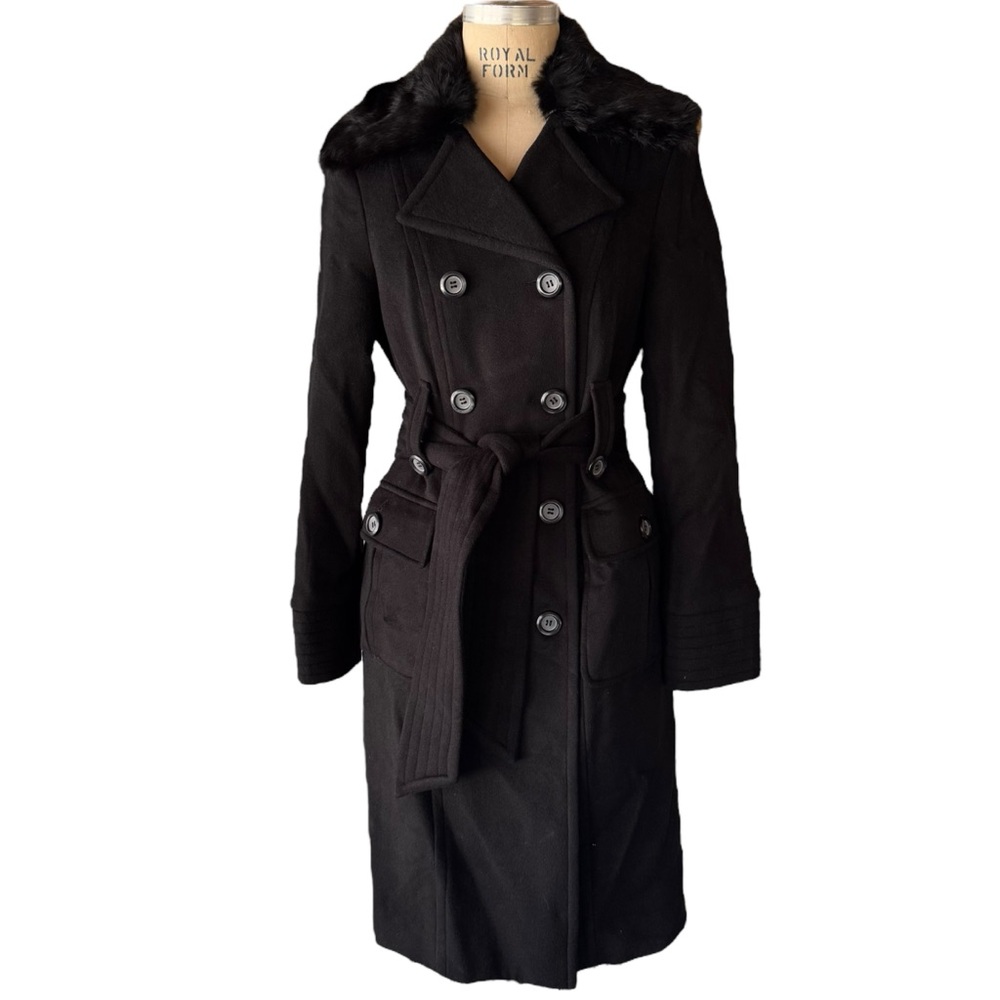 Vintage Bebe Black Wool Rabbit Fur Trench Coat
